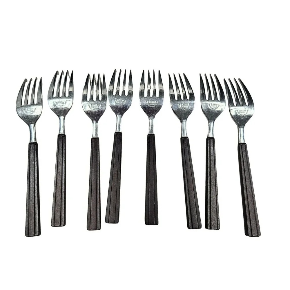 Vintage EKCO ETERNA Rare Shape Brown‎ Faux Wood Handle Flatware Forks 34 Pieces
